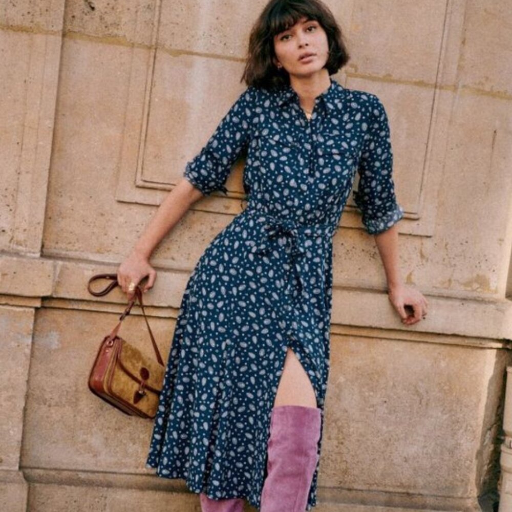 Sezane Lauretta Shirt Dress Blue Bandana Print sz 8 or 40